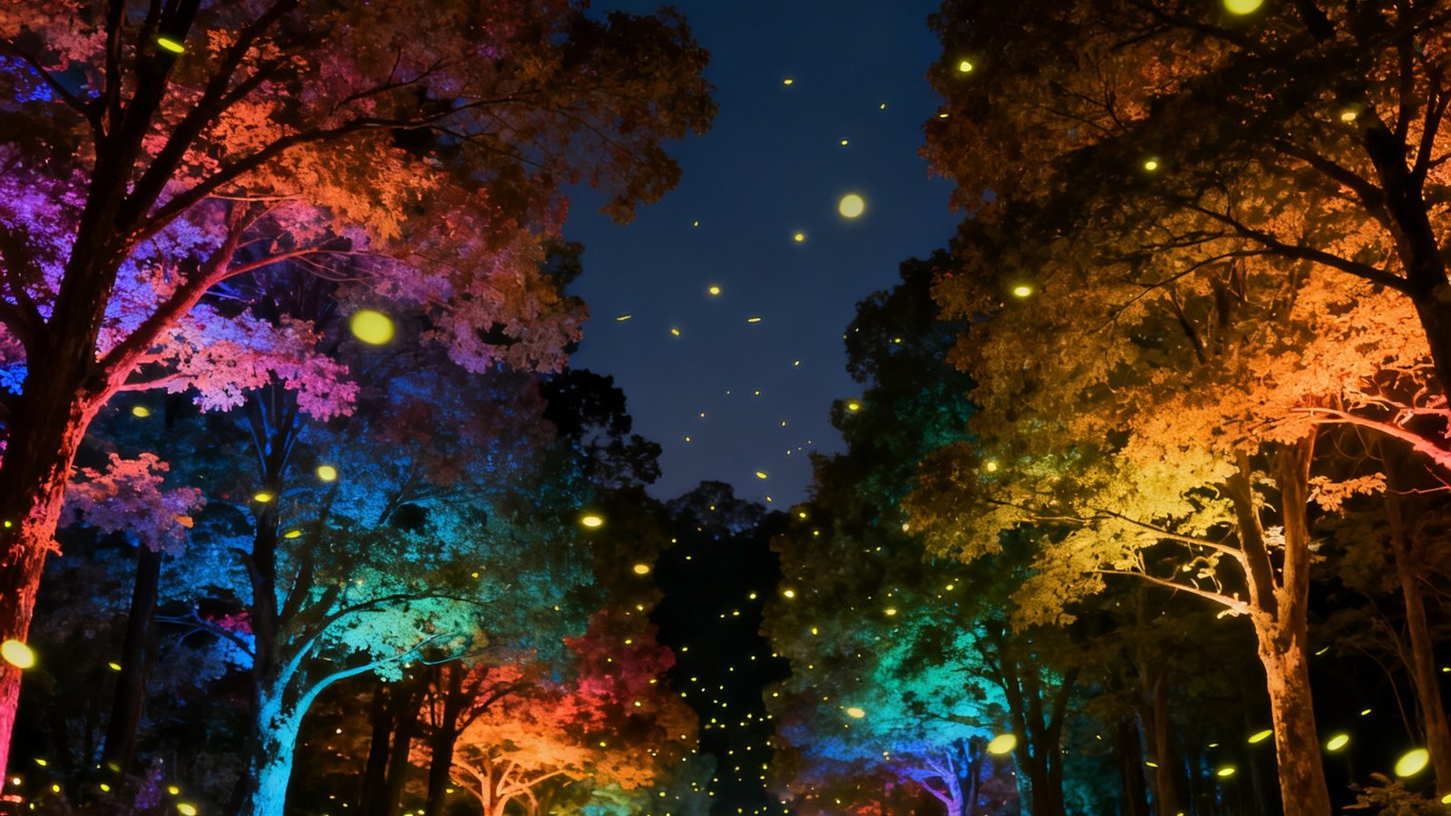夜游景区步道两侧树冠被彩色光影笼罩，萤火虫效果的光点在空中飘浮，游客穿行于梦幻光影森林中
